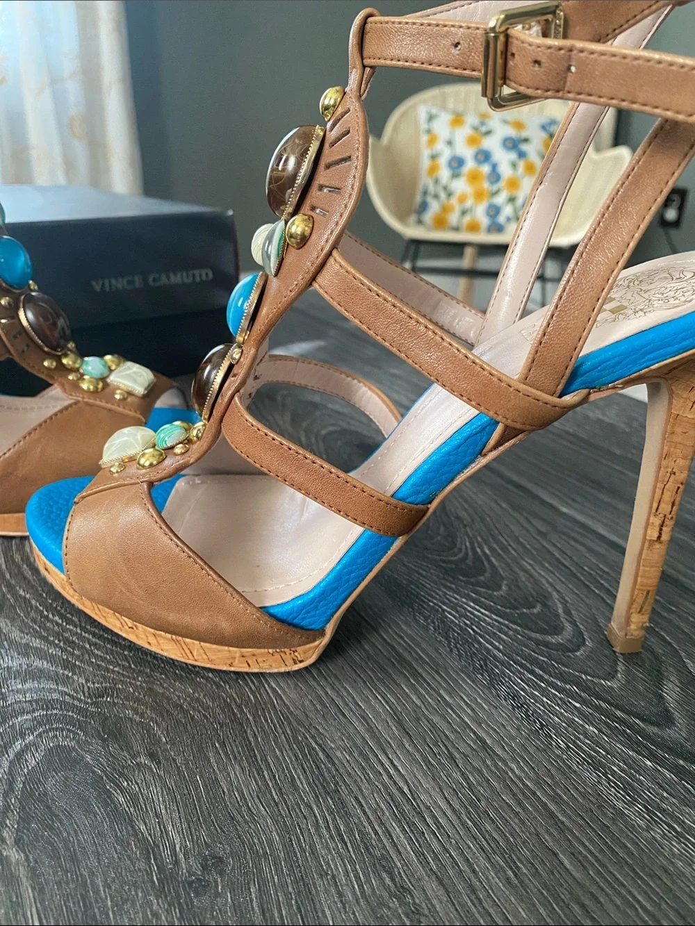 Vince Camuto Brown Leather Jeweled Wedge Sandals with Bright Blue Insole